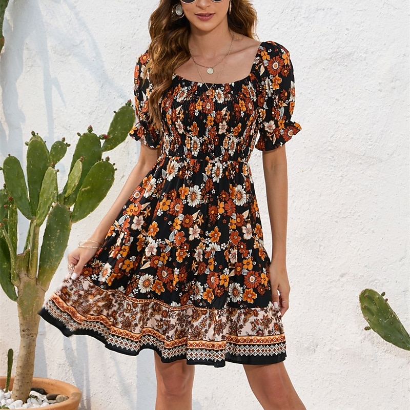 Women's Mini Dress Petite Dress Casual Dress Summer Dress Boho Dress Elegant Stylish Lantern Sleeve Vacation Daily Date Regular Fit Floral Short Sleeve Square Neck Black Pink Blue Summer4