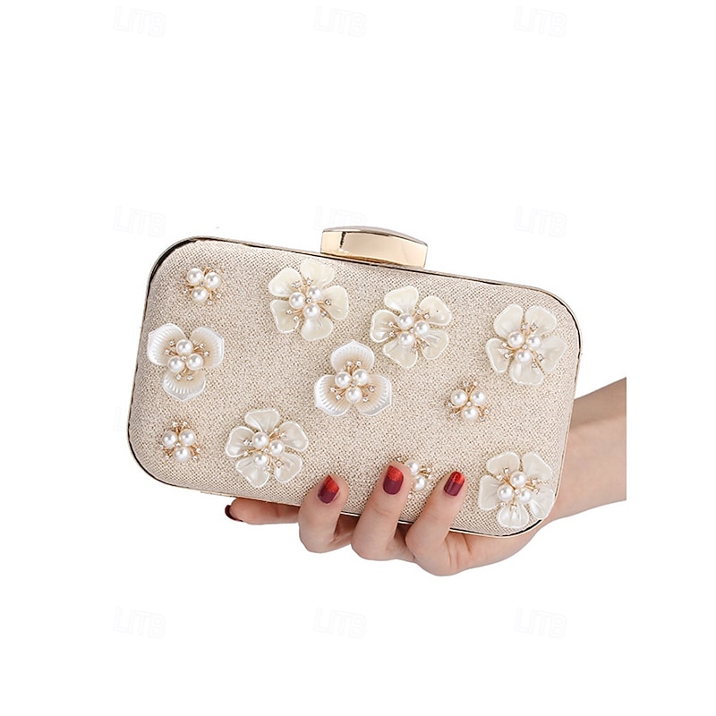 Women's 3D Floral Clutch with Pearl Accents and Gold Chain – Stylish Evening Bag for Weddings, Parties and Formal Occasions Silver Black Gold