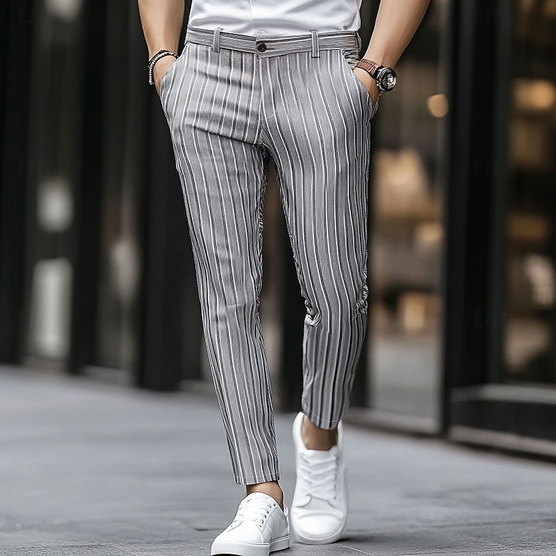 Men's Geometric Striped Dress Pants Trousers Mid Waist Business Casual Outdoor Vacation Streetwear with Pockets Slim Fit Flat-Front Summer Spring Fall 3D Print khaki Gray2