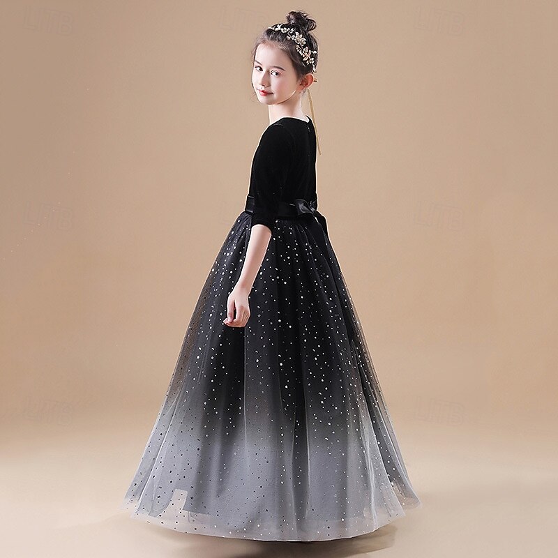 Flower Girl Dress Kid's Girls' Princess Dress Performance Wedding Party Elegant Beautiful Mesh Gradient Half Sleeve V Neck Black Blue 4 years+3