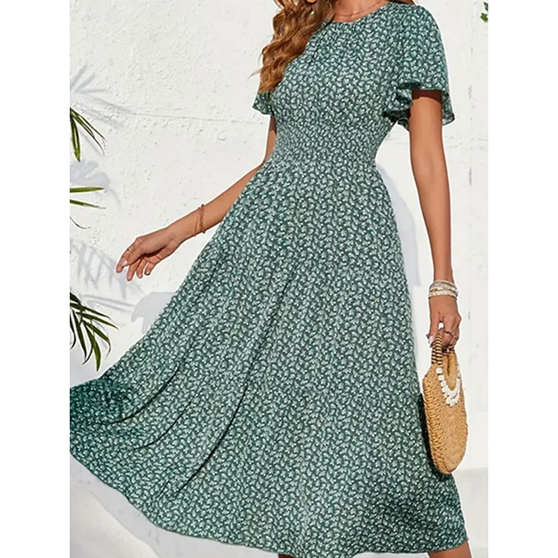 Women's Midi Dress Casual Dress Swing Dress A Line Dress Stylish Casual Vacation Daily Regular Fit Floral Short Sleeve V Neck Green Summer