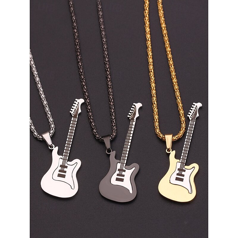 Men's Guitar Pendant Necklace – Gold and Silver Stainless Steel Rock Style Jewelry for Music Lovers and Gift Occasions2