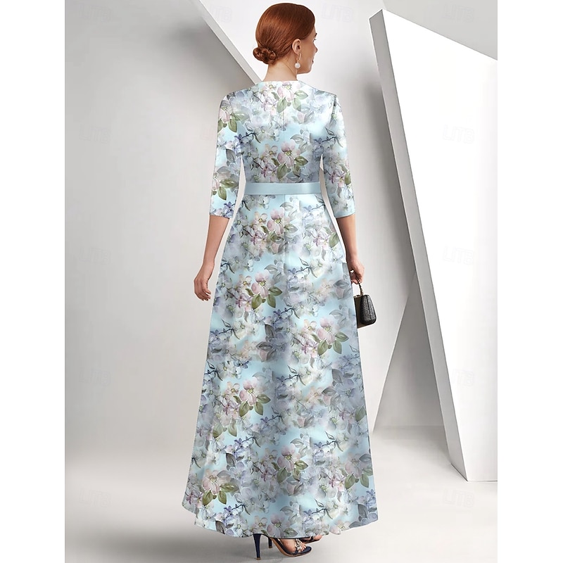 Mother of the Bride A-Line Dress Elegant Queen Anne Neckline Floor Length Satin 3/4 Length Sleeve with Bow(s) Race Day Dress Wedding Guest Dress2