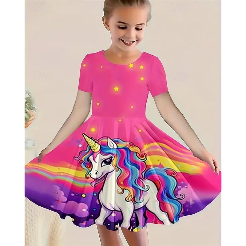 Girls' 3D Graphic Unicorn Dress Short Sleeve Summer Spring Vacation Daily Holiday Princess Beautiful Sweet Kids 4-12 Years Casual Dress A Line Dress Knee-length Regular Fit