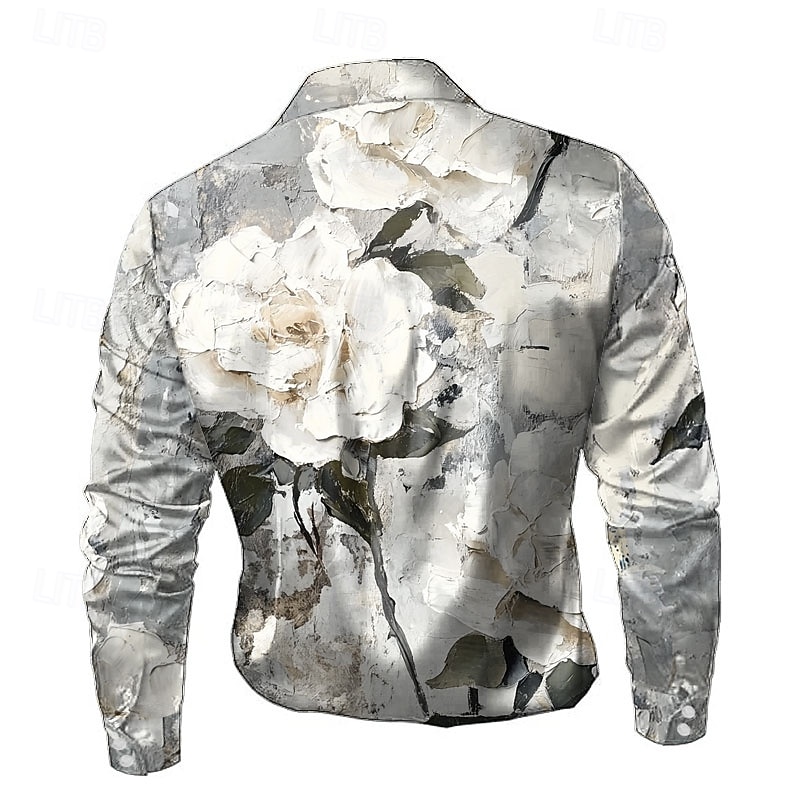 Men's Floral Print Flowers Satin Shirt Dress Shirt Button Up Shirt Long Sleeve Fashion Casual Vacation Evening Party Wedding Party Summer Spring Turndown Collared Shirts 3D Print Gray2