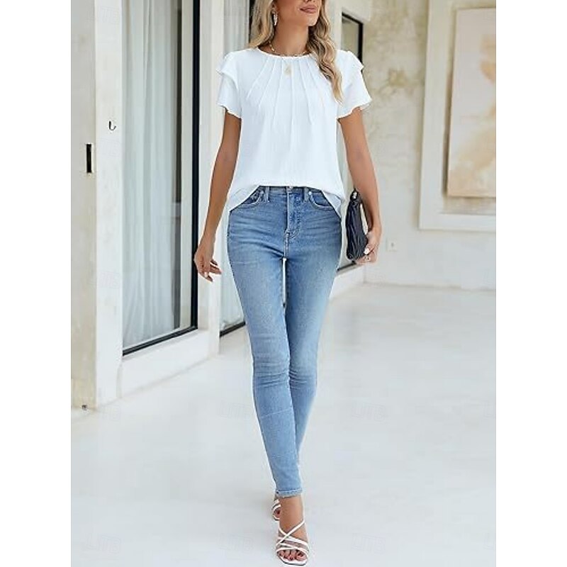 Women's Shirt Blouse Solid Color Basic Casual Short Sleeve Crew Neck Regular Tops Daily Ruffle White Green Summer3
