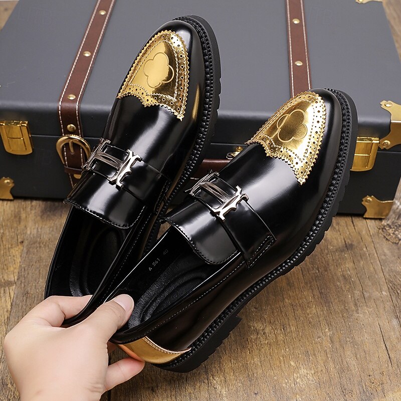 Men's Black and Gold Slip-On Loafers with Decorative Buckle and Brogue Detailing – Stylish Formal Shoes for Office and Special Occasions4