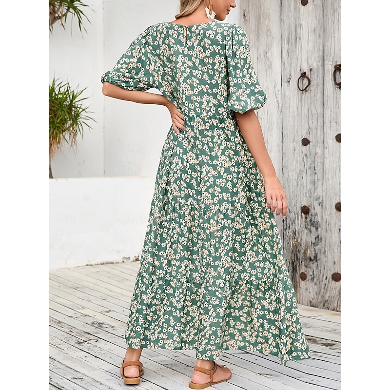 Women's Maxi Dress Casual Dress Swing Dress Boho Chic Dresses Bohemia Cute Stylish Vacation Daily Beach Loose Fit Graphic Ditsy Floral Half Sleeve Crew Neck Green Summer Spring Fall4