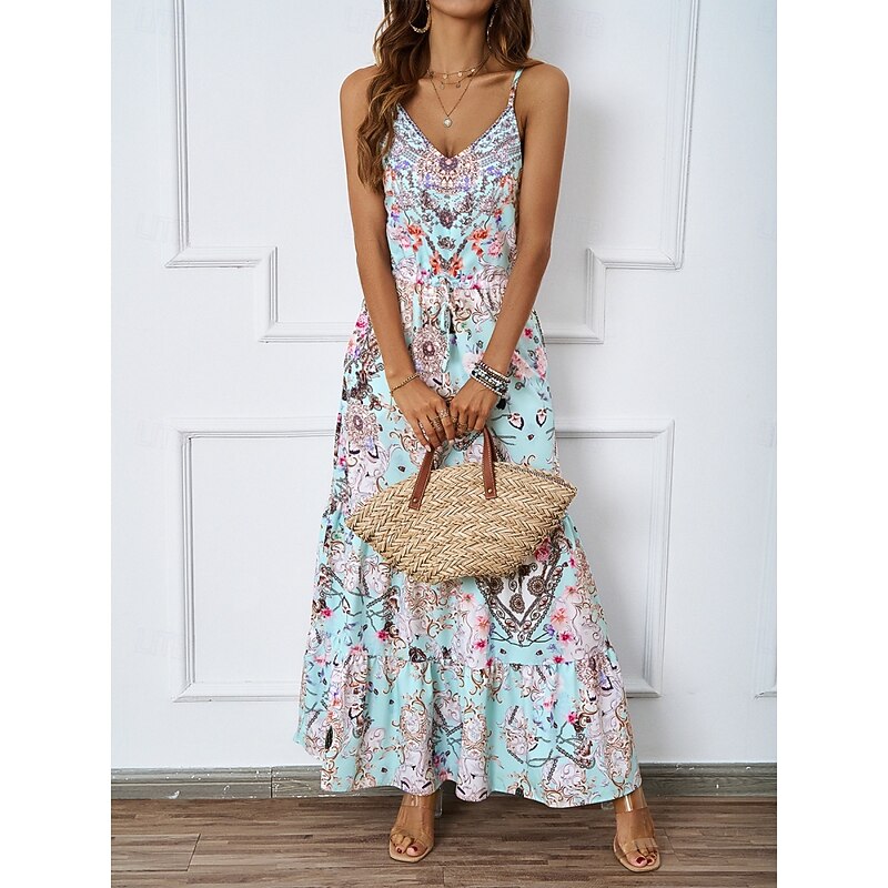 Women's Maxi Dress Casual Dress A Line Dress Slip Dress Boho Dress Bohemia Casual Boho Vacation Daily Regular Fit Floral Sleeveless Strap Blue Green Summer3