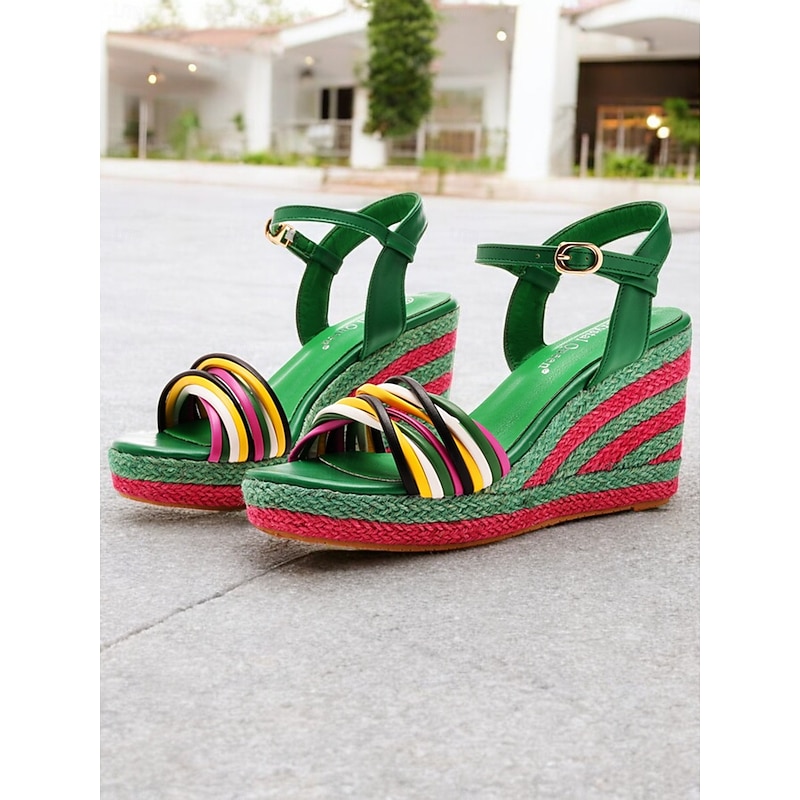 Women's Colorful Striped Wedge Sandals - Green Ankle Strap Espadrille Style for Summer Beach and Casual Wear2