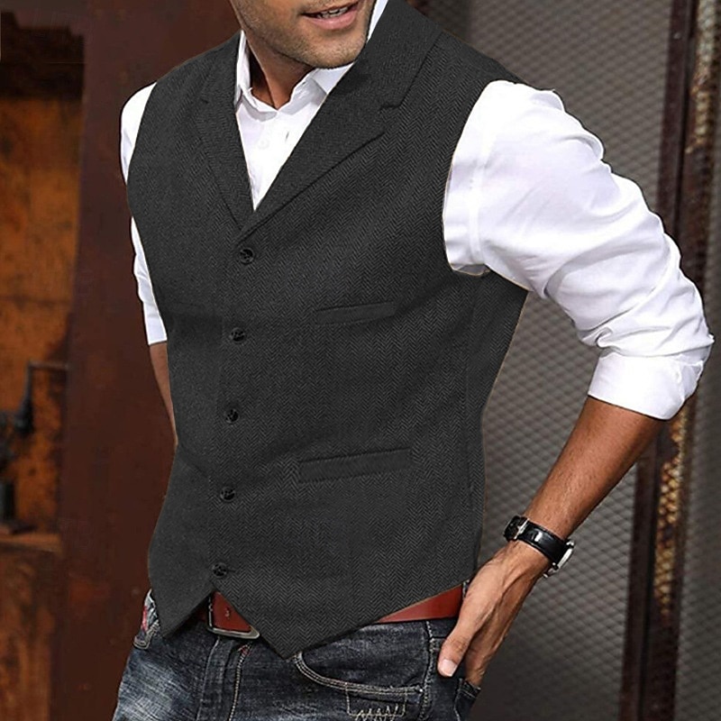 Men's Vest Gilet Wedding Event / Party Daily Fashion Business Spring &  Fall Buttons Pocket Polyester Comfortable Solid Color Single Breasted One-button Lapel Regular Fit Black Light Brown Green Army2
