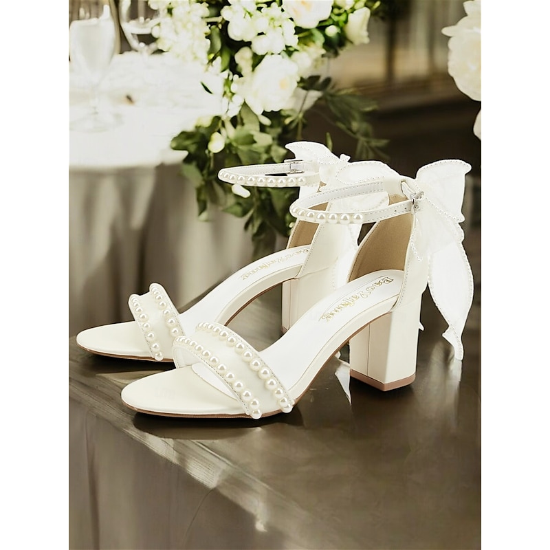 White Pearl-Embellished Bridal Sandals with Bow Strap – Perfect for Weddings and Formal Events