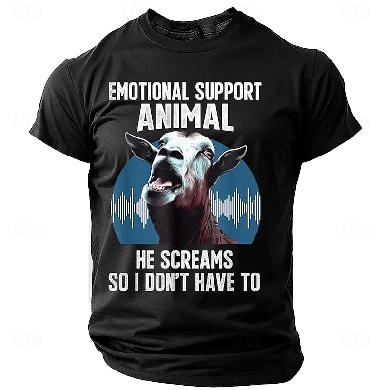 Men's Funny Emotional Support Animal Graphic T-Shirt: 'He Screams So I Don't Have To' Humorous Goat Lifestyle Tee