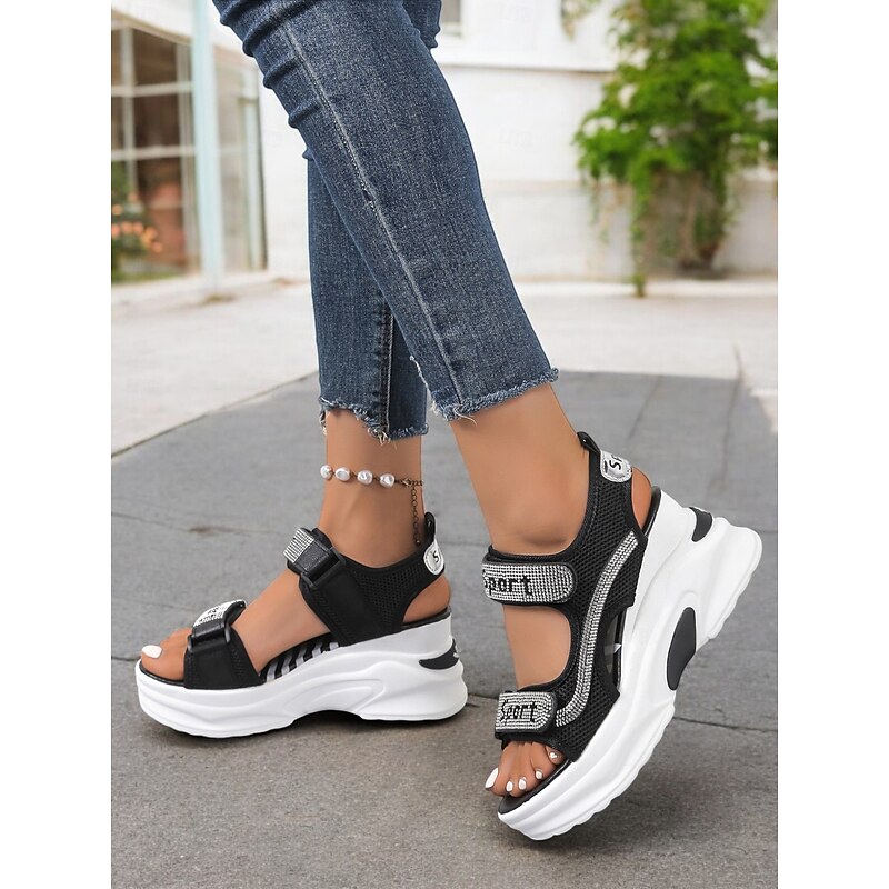 Women's Sporty Platform Sandals with Mesh Straps and Rhinestone Accents – Comfortable Wedge Design for Casual Wear, Travel and Outdoor Activities