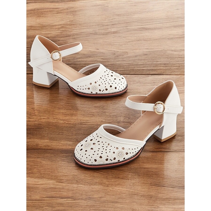 Women's White Mary Jane Low Heel Shoes - Laser Cut Floral Design, Vintage Style for Casual and Formal Occasions2