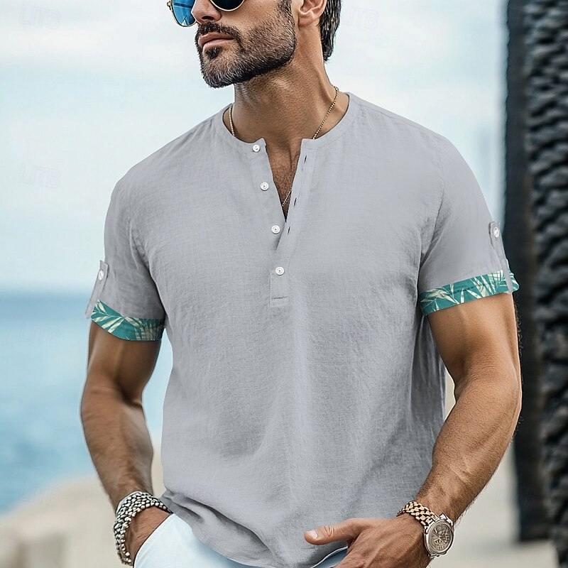 Men's Leaf Beach Shirt Aloha Shirt Short Sleeve Hawaiian Vacation Summer Spring V Neck Buttons Blue Green Gray3