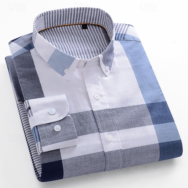 Men's Dress Shirt Oxford Shirt Plaid Formal Light Blue Navy blue+white Navy Blue Green Long Sleeve Shirt Collar Spring, Fall, Winter, Summer Clothing Apparel Buttons4