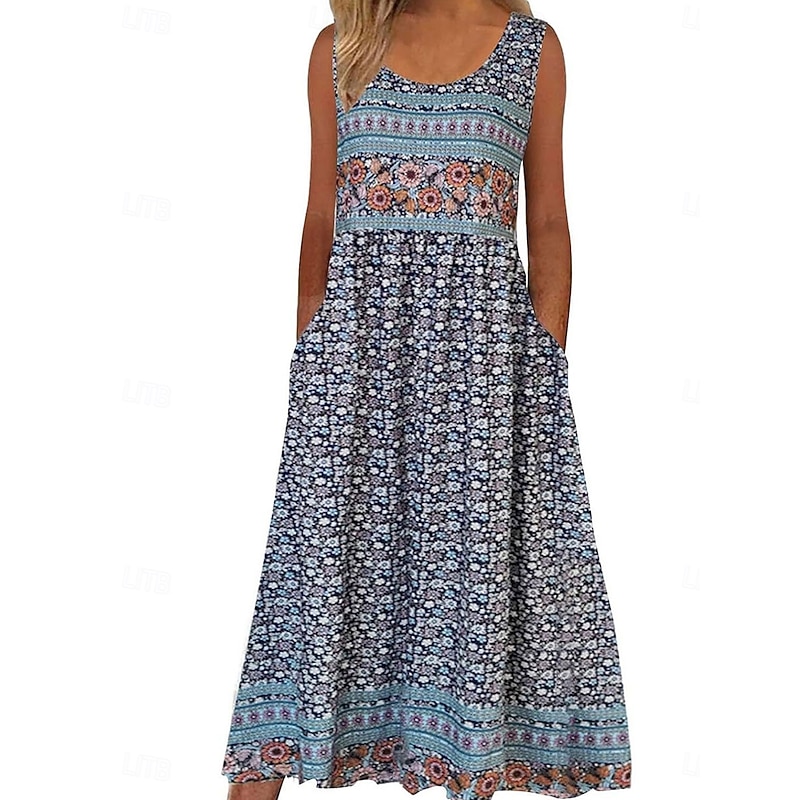 Women's Midi Dress Casual Dress Boho Dress Elegant Vintage Stylish Vacation Daily Regular Fit Graphic Sleeveless Crew Neck Black Blue Gray Light Blue Summer Spring