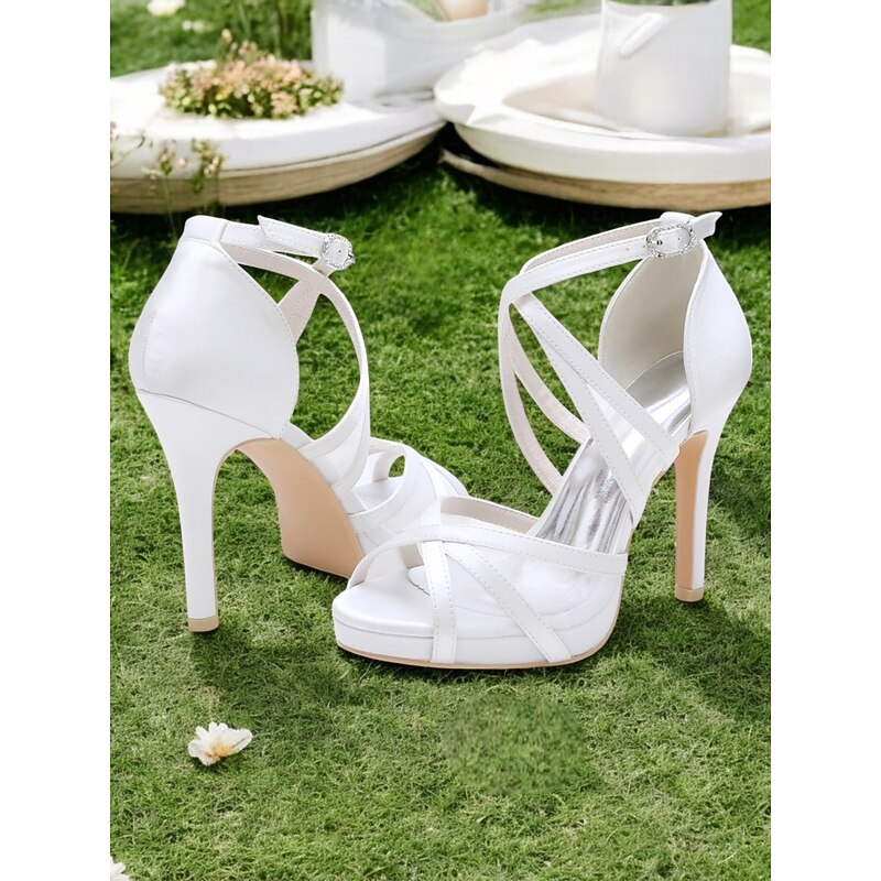 White Satin Bridal High Heel Sandals with Cross Straps - Perfect Wedding Shoes for Brides2