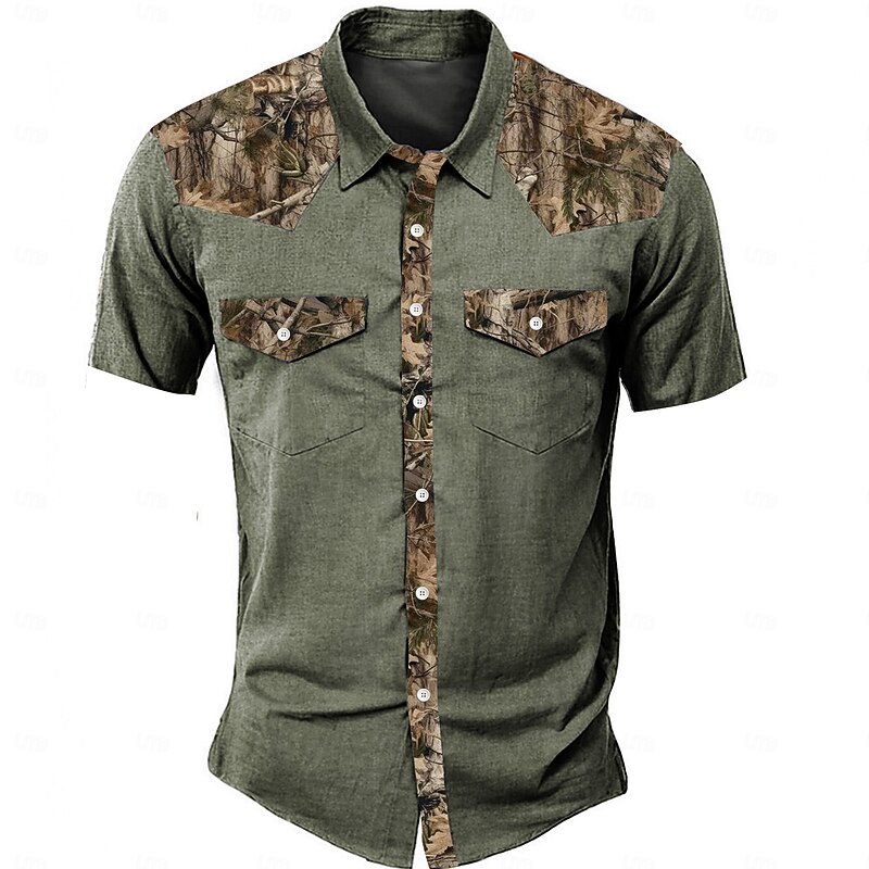 Men's Camouflage Western Shirt Short Sleeve Western Sports Outdoor Summer Turndown Button Up 2 Pockets Black Green Beige
