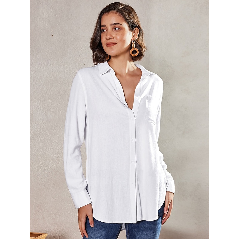 Women's Shirt Blouse Cotton  Button Pocket Work Daily Solid Basic Long Sleeve Shirt Collar White Summer Spring4