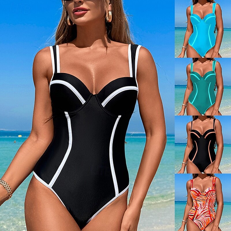 Women's One Piece Swimsuit Deep V Swimwear Patchwork Swimwear Blue Sky Blue Quick Dry Lightweight Breathable Sleeveless - Swimming Surfing Beach Summer Spring