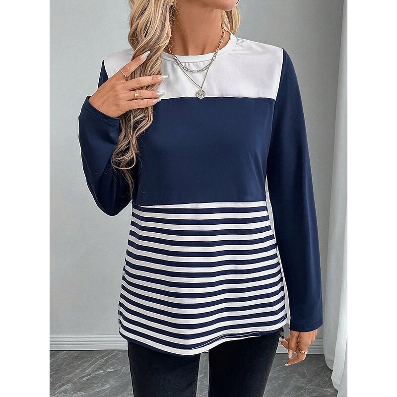 Women's T shirt Crew Neck Long Sleeve Tunic Striped Casual  Regular Tops Daily Print Blue Spring Fall2