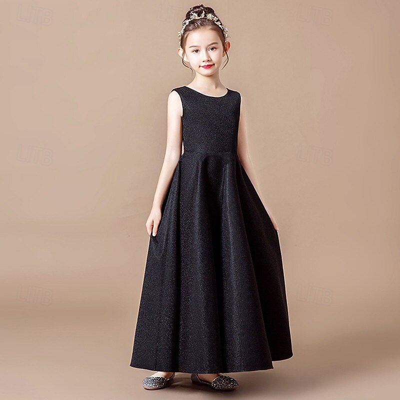 Flower Girl Dress Kid's Girls' Princess Dress Performance Wedding Party Elegant Beautiful Solid Color Sleeveless Crew Neck Grey Black 4 years+2