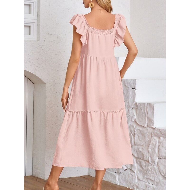 Women's Maxi Dress Casual Dress Swing Dress A Line Dress Stylish Basic Casual Vacation Daily Regular Fit Plain Short Sleeve Square Neck Pink Beige Summer Spring2