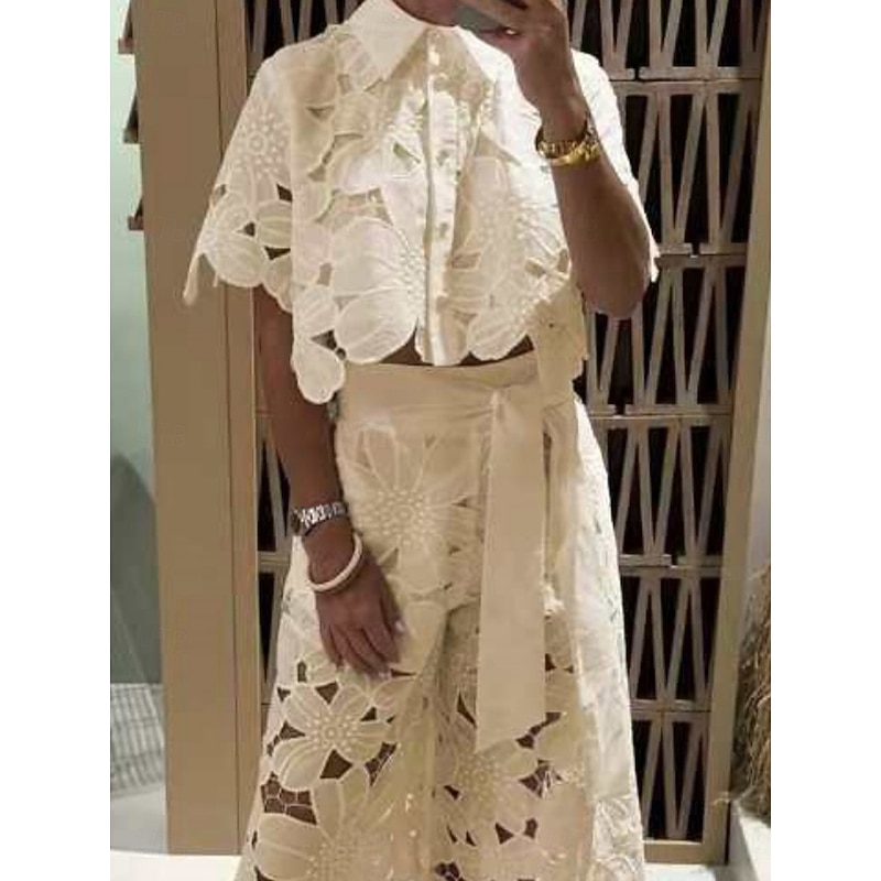 Women's Fashion Streetwear Daily Lace Shirt Wide Leg Pants Short Sleeve Shirt Collar Plain Lace Casual Daily Yellow Sky Blue Green Summer Regular Fit2