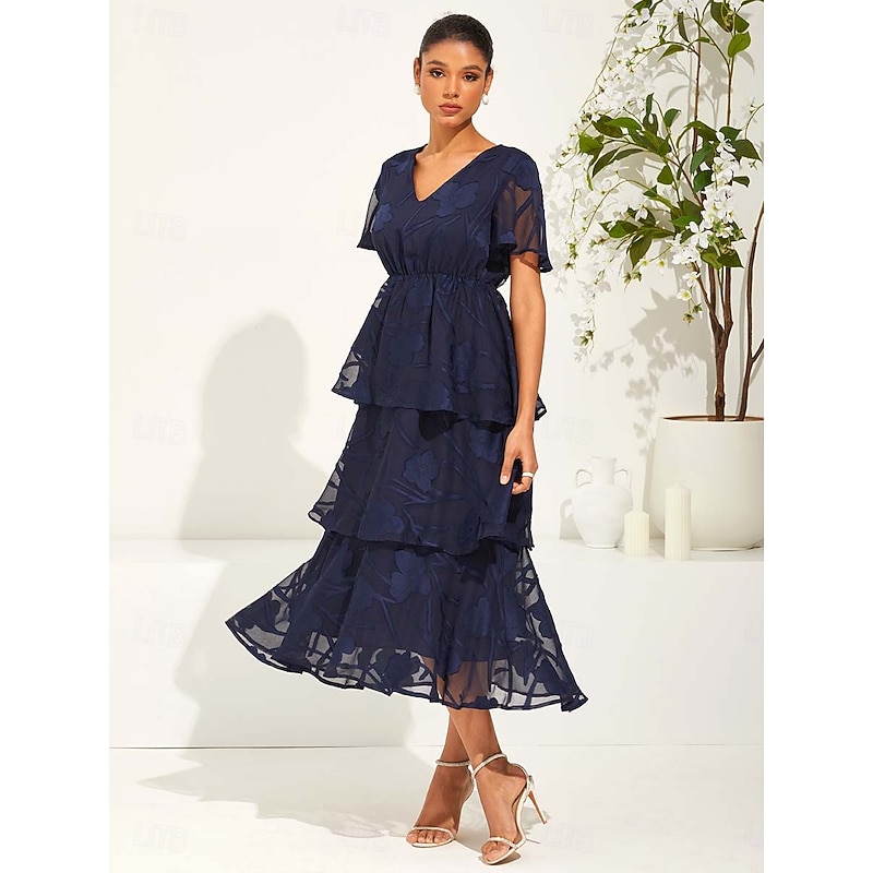Women's Maxi Dress A Line Dress Elegant Formal Flutter Sleeve Wedding Guest Cocktail Party Regular Fit Plain Short Sleeve V Neck Dark Blue Summer