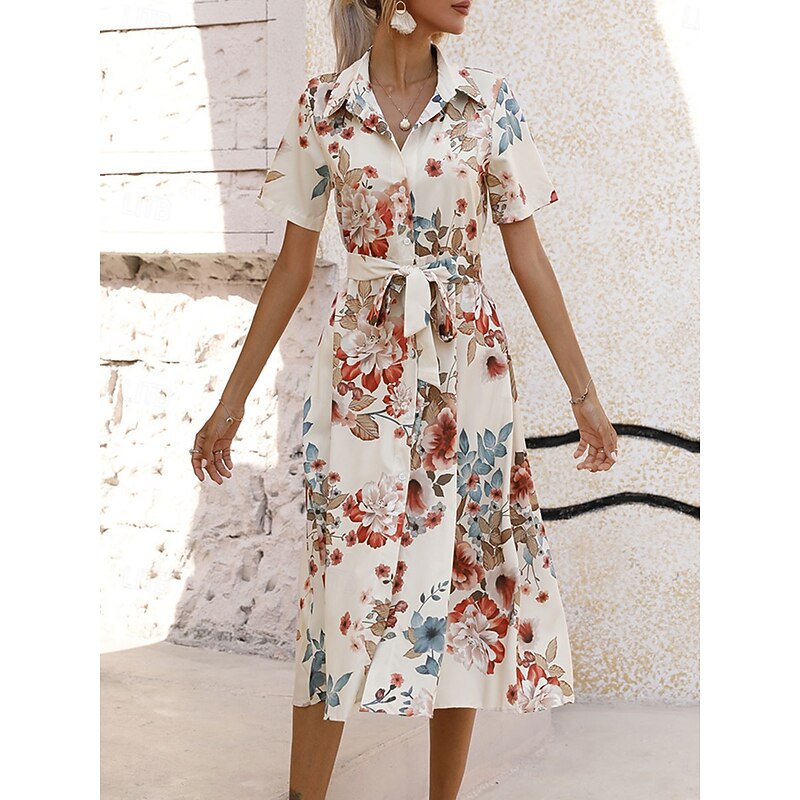 Women's Midi Dress Casual Dress Elegant Stylish Casual Vacation Daily Regular Fit Floral Short Sleeve Shirt Collar Apricot Light Blue Summer Spring4