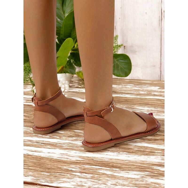 Women's Brown Ankle Strap Sandals with Open-Toe Design - Casual Flat Summer Footwear for Daily Wear and Vacations4