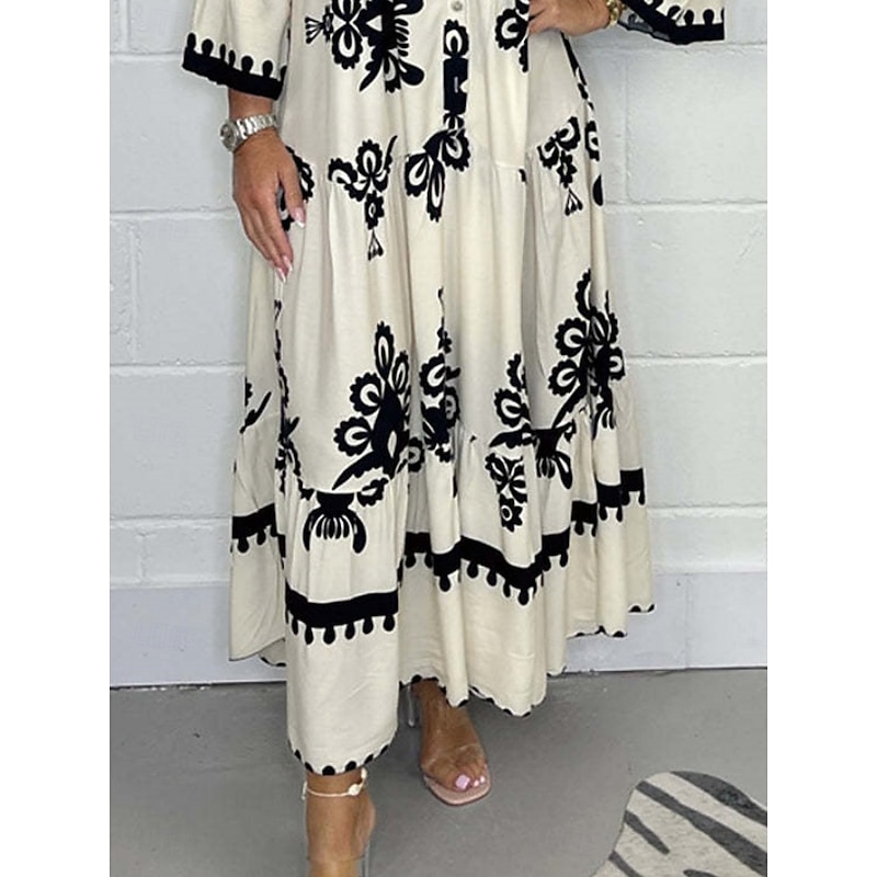 Women's Maxi Dress Casual Dress Boho Chic Dresses Boho Dress Bohemia Stylish Casual Vacation Daily Beach Loose Fit Graphic 3/4 Length Sleeve V Neck Black Red Green Beige Summer Spring3