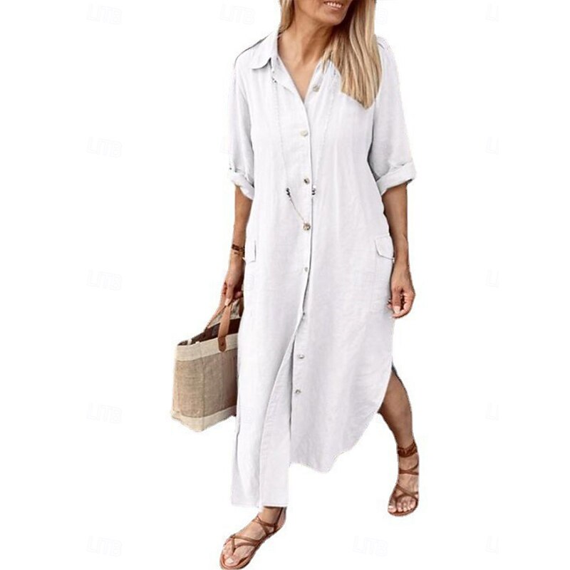 Women's Maxi Dress Cotton Linen Dresses Casual Dress Elegant Stylish Basic Vacation Daily Date Loose Fit Plain Long Sleeve Shirt Collar Black White Khaki Army Green Spring Fall4
