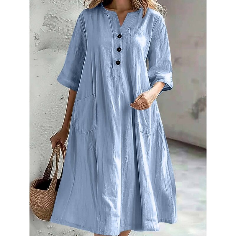 Women's Midi Dress Cotton Linen Dresses Basic Casual Vacation Daily Regular Fit Plain 3/4 Length Sleeve Notched Neck Black Red Purple Light Blue Summer