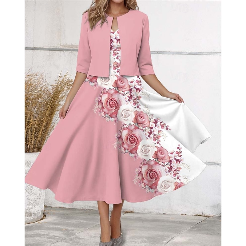 Women's Midi Dress Casual Dress Chiffon Dress Swing Dress Elegant Floral Midi Dress Half Sleeve V Neck Print Regular Fit Date Pink Spring