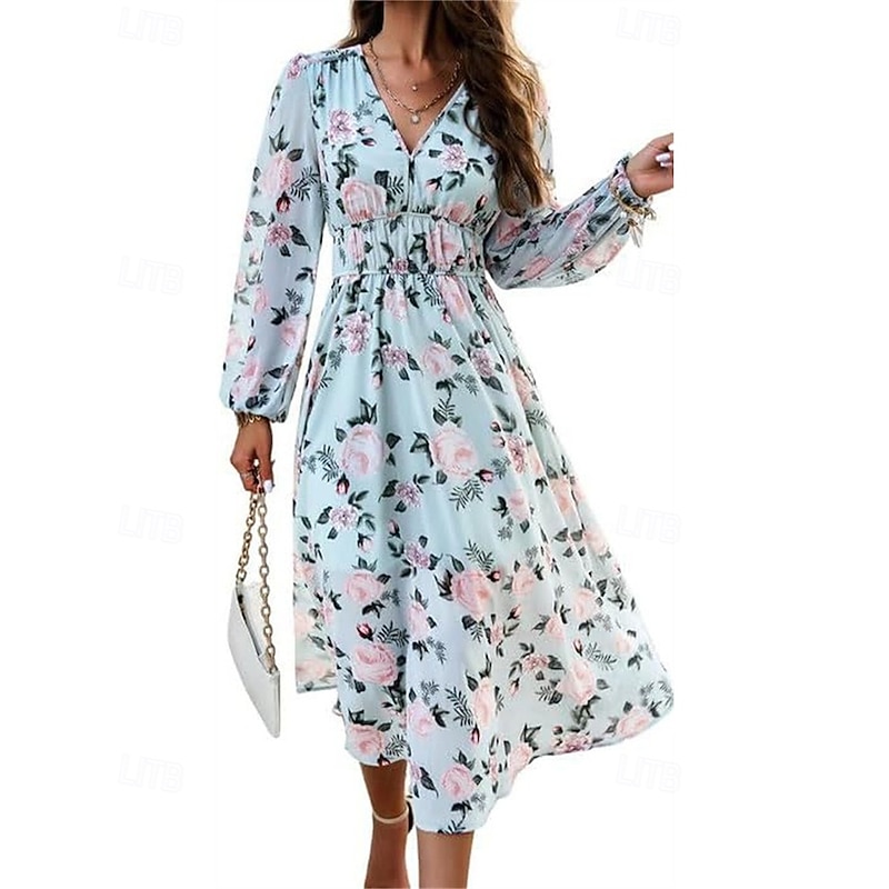 Women's Long Dress Maxi Dress Casual Dress A Line Dress Floral Dress Summer Dress Elegant Stylish Vacation Daily Date Regular Fit Floral Long Sleeve V Neck Pink Light Blue Summer2