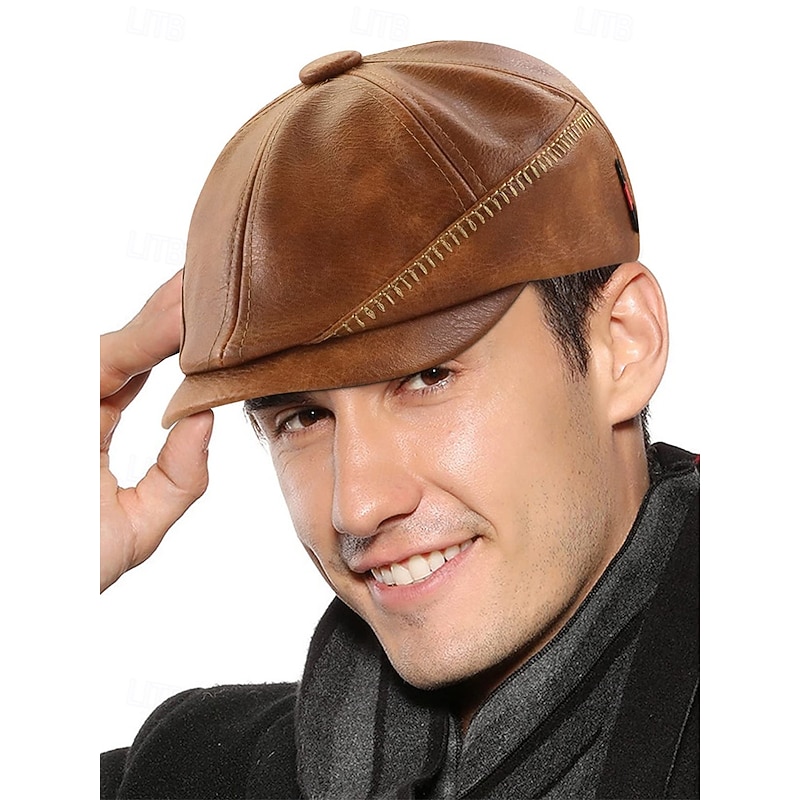 Men's Vintage Faux Leather Newsboy Cap – Retro Gatsby Style Flat Hat with Stitched Details for Casual, Formal or Outdoor Wear2