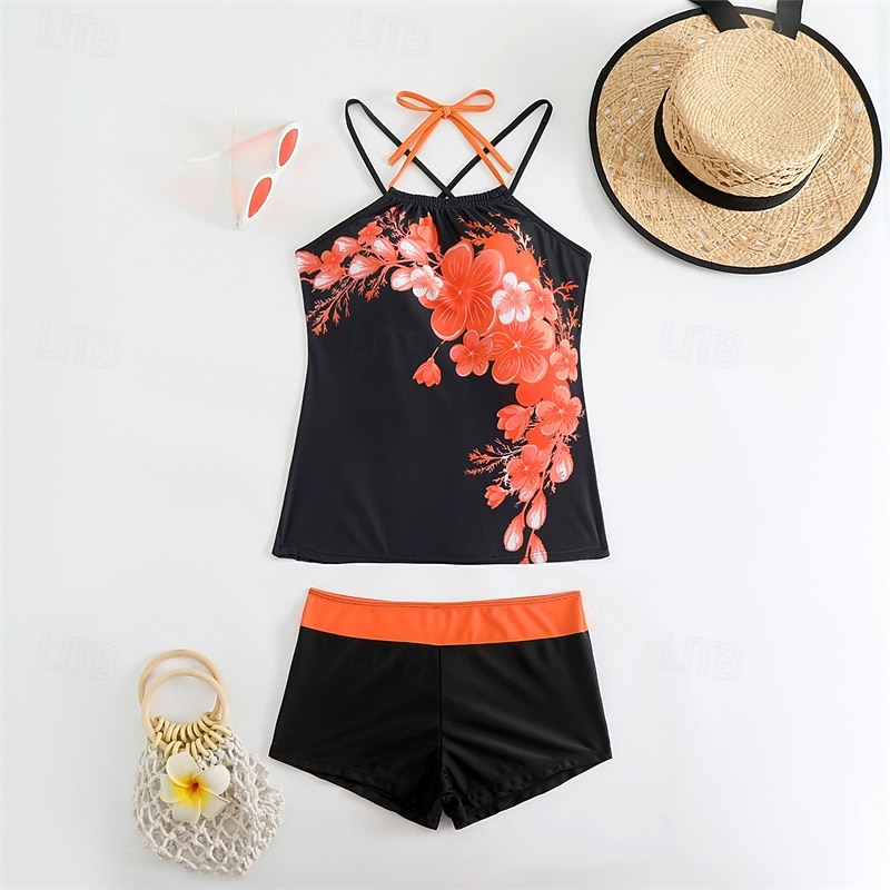 Women's Tankini Two Piece Swimsuit Backless Criss Cross Swimwear Floral Swimwear Pink Sky Blue Breathable Quick Dry Lightweight Sleeveless - Swimming Surfing Beach Summer Spring2