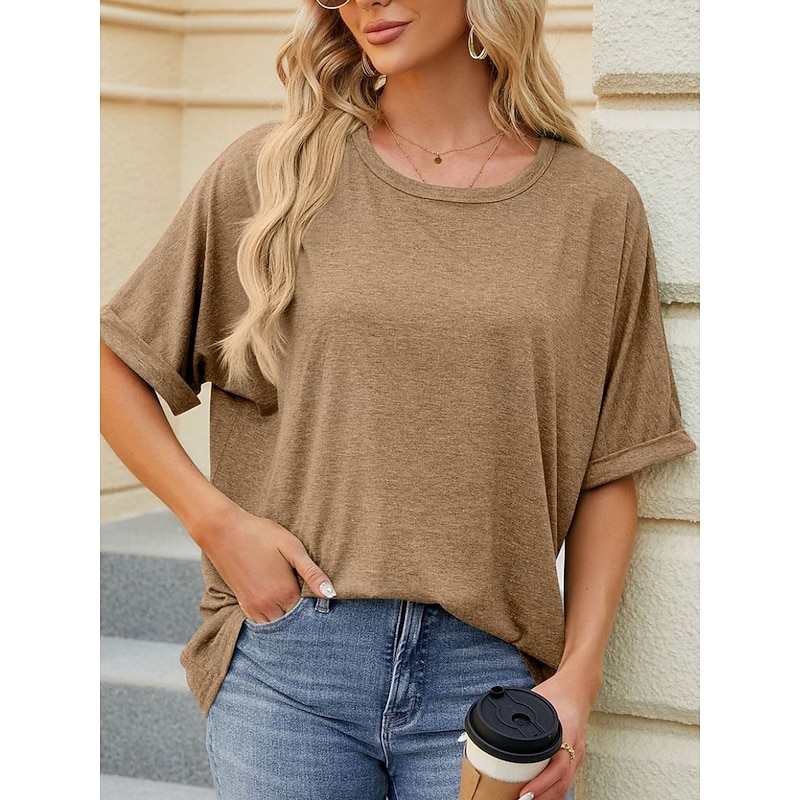 Women's T Shirt Plain Basic Casual Short Sleeve Crew Neck Regular Tops Daily Weekend Green Khaki Summer Spring3