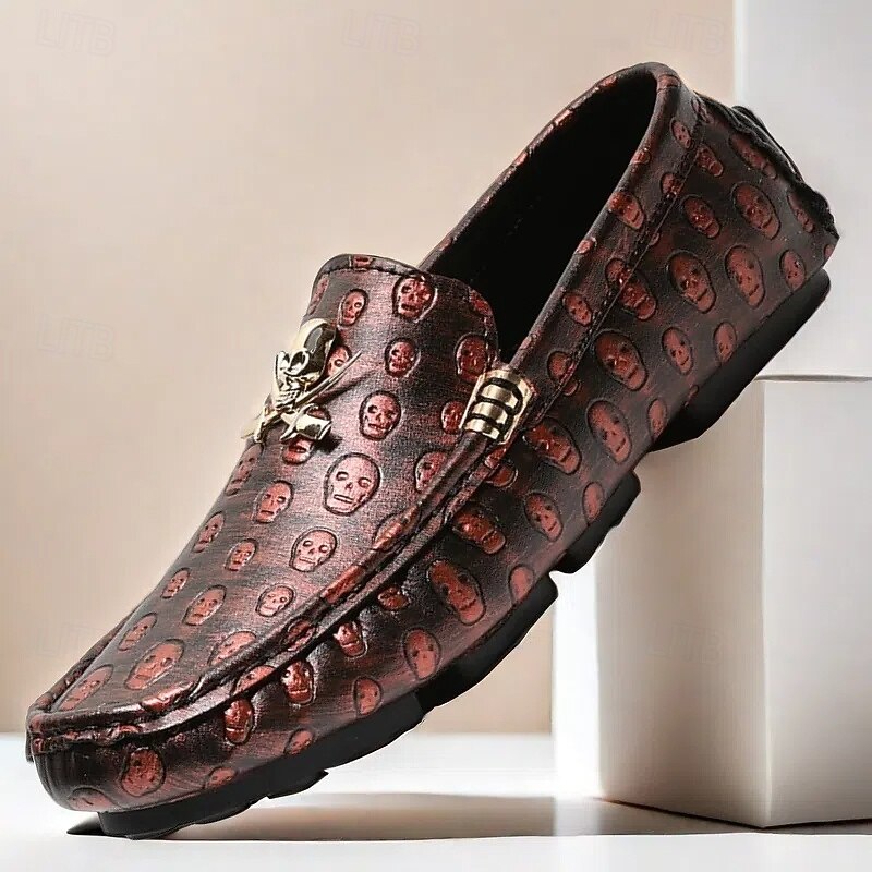 Men's Skull Pattern Slip-On Loafers - Faux Leather Casual Shoes with Metal Skull Detailing, Stylish Gothic Design for Parties and Everyday Wear