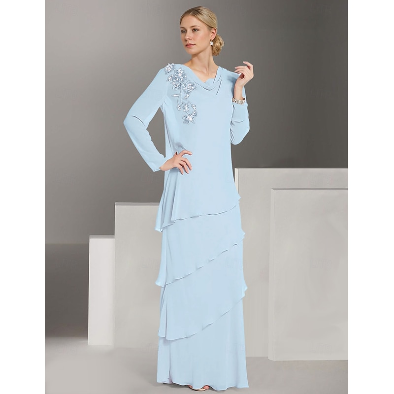 Jacket Dress Mother of the Bride Long Sleeve with Lace Ruffles Chiffon Elegant Vintage Crew Neck Floor Length Dress Cascading Ruffles