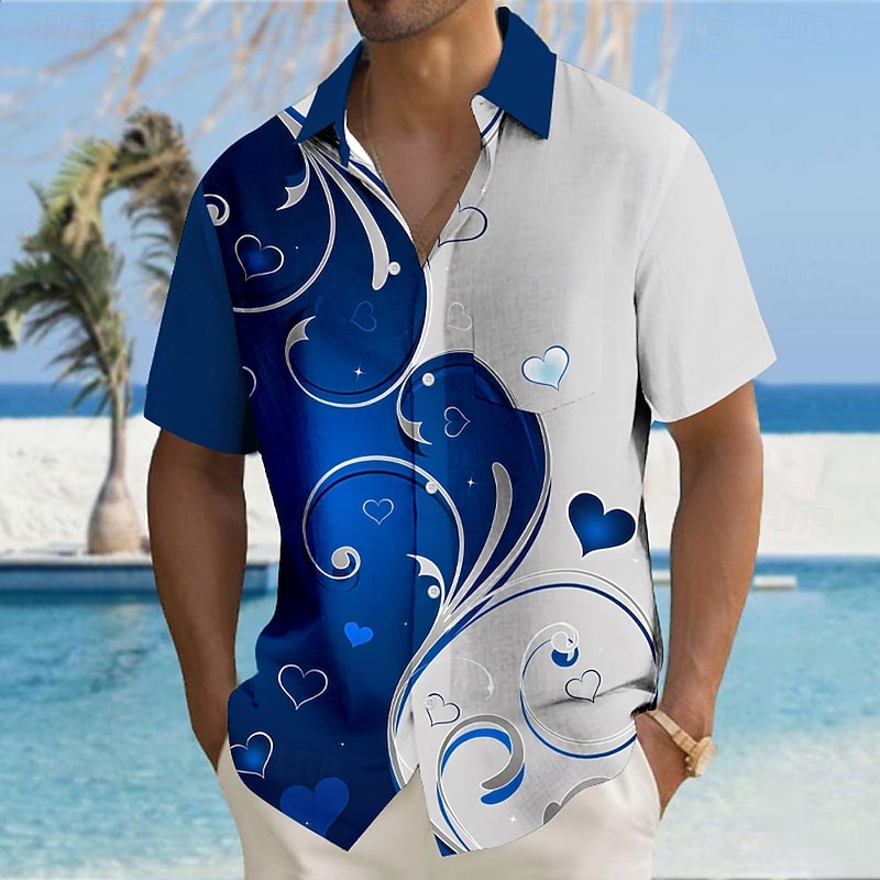 Valentine's Day Men's Heart LOVE Floral Shirt Button Up Shirt Short Sleeve Fashion Casual Vacation Gift Holiday Summer Fall Turndown 3D Print Pink Red Blue Purple Green4