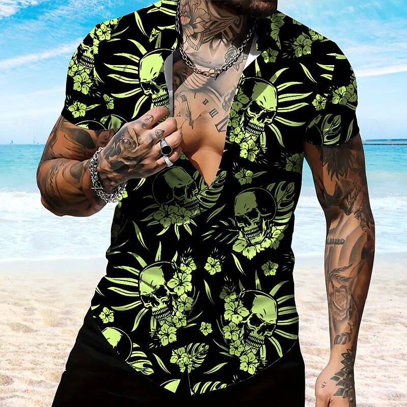 Men's Leaf Skeleton Summer Hawaiian Shirt Aloha Shirt Short Sleeve Hawaiian Horror Vacation Summer Spring Turndown Button Up White Blue Purple Green4