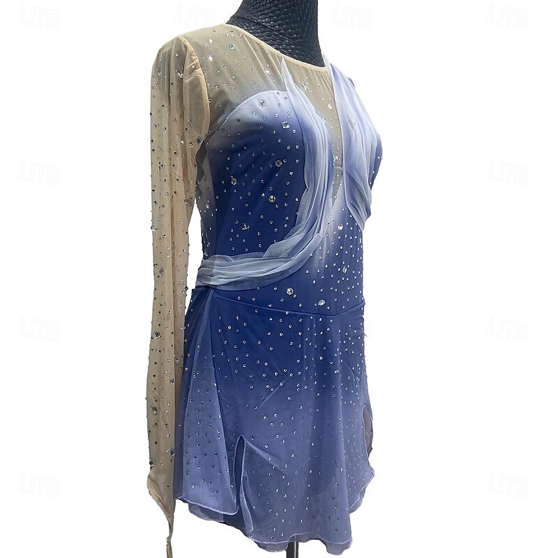Figure Skating Dress Women's Girls' Ice Skating Dress Purple Patchwork Thumbhole Mesh Spandex Stretchy Training Practice Professional Skating Wear Crystal / Rhinestone Long Sleeve Figure Skating2