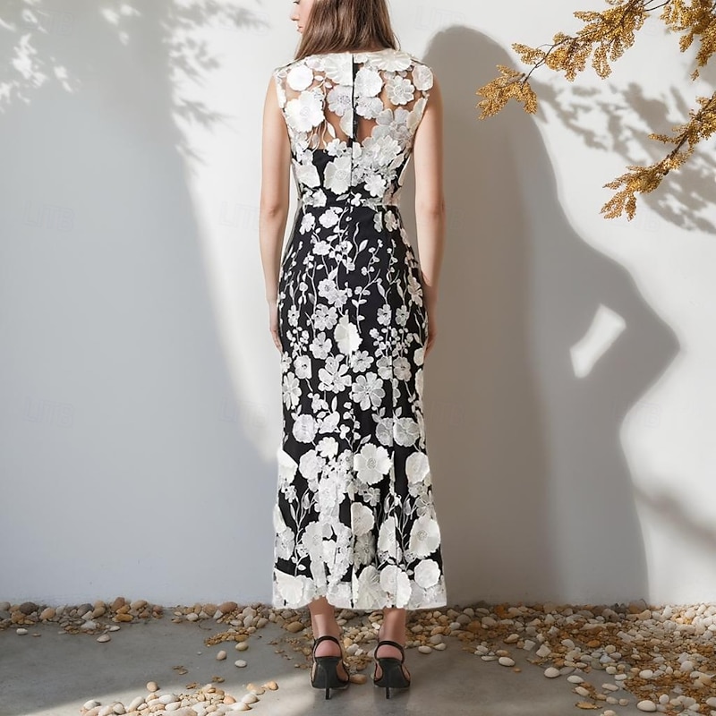 Sheath / Column Elegant Dress Wedding Wedding Guest Ankle Length Sleeveless with 3D Floral Lace Appliques3