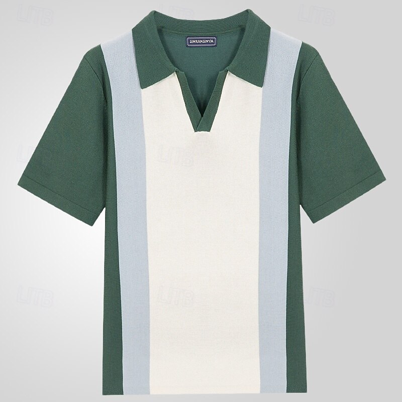 Men's Button Up Polos Golf Shirt Casual Sports Lapel Short Sleeve Fashion Basic Color Block Patchwork Buttons Summer Green Button Up Polos2