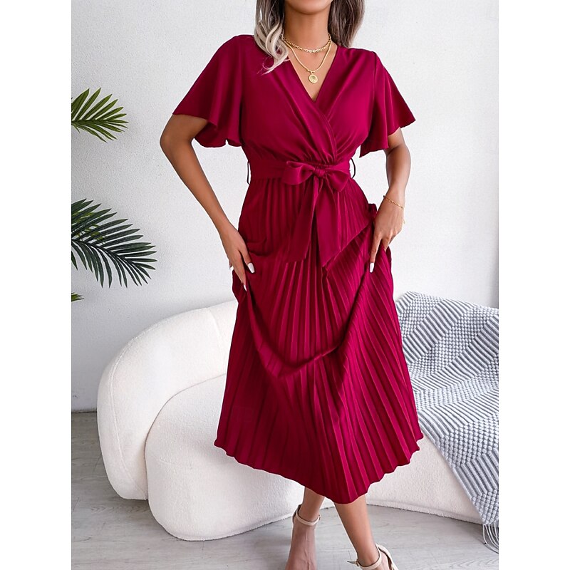 Women's Midi Dress Casual Dress A Line Dress Stylish Basic Casual Vacation Daily Regular Fit Plain Short Sleeve V Neck Red Green Summer Spring4