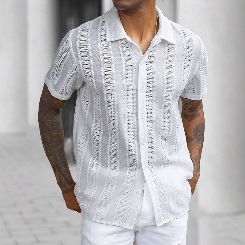 Men's Shirt Summer Shirt Casual Shirt Button Up Shirt Black White Short Sleeve Plain Collar Vacation Daily Clothing Apparel Fashion Casual Comfortable